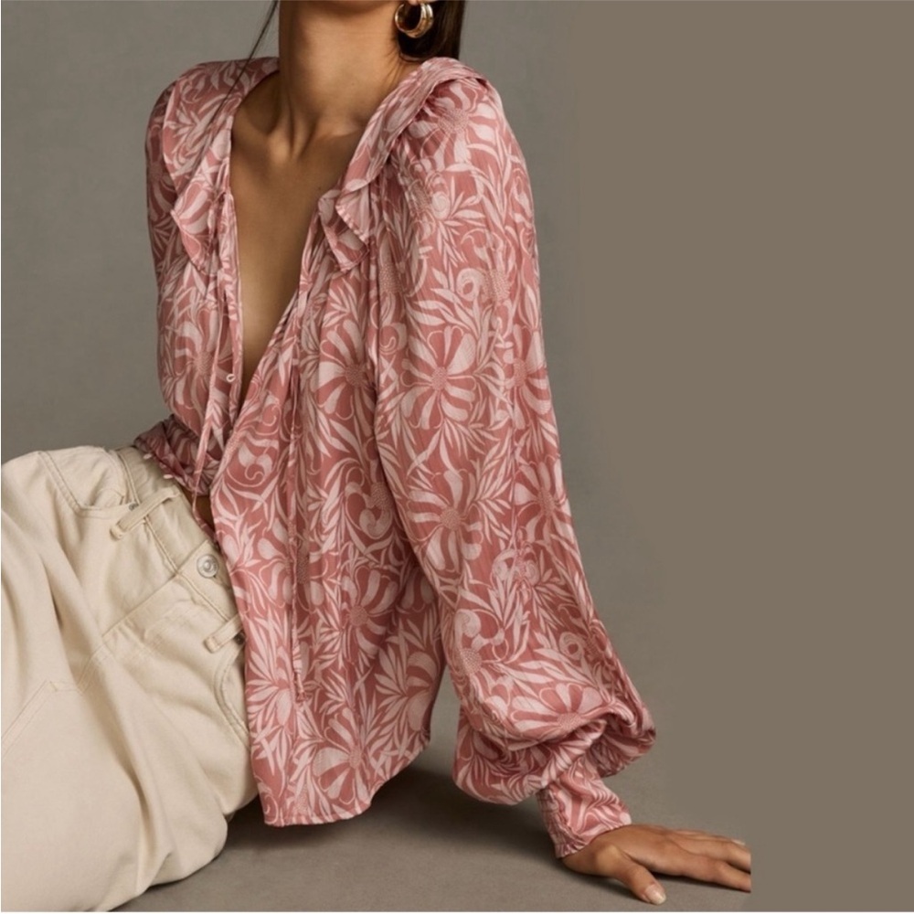 Anthropologie Florence Balducci Silky Floral Blouse Blush & Cream